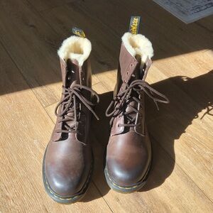 Dr. Martens Brown Leather 1460 Serena Combat Boots with Cream Lining